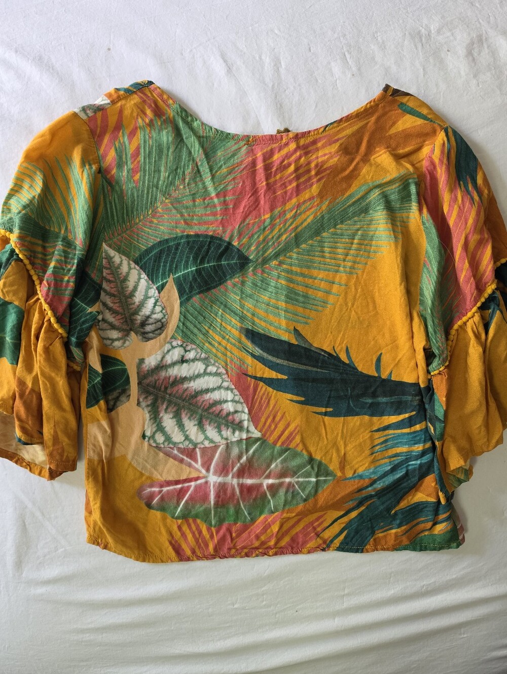 By Nathalia Otero Colombia Tropical Print Pom Pom Flutter Sleeve Crop Boho Sz M - Picture 5 of 6